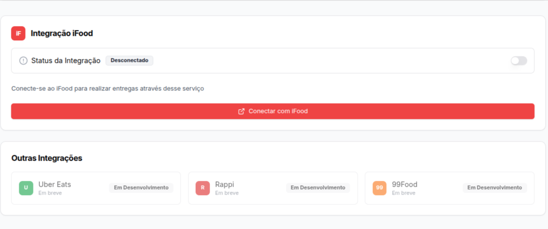 Print de integrações com serviços de entrega